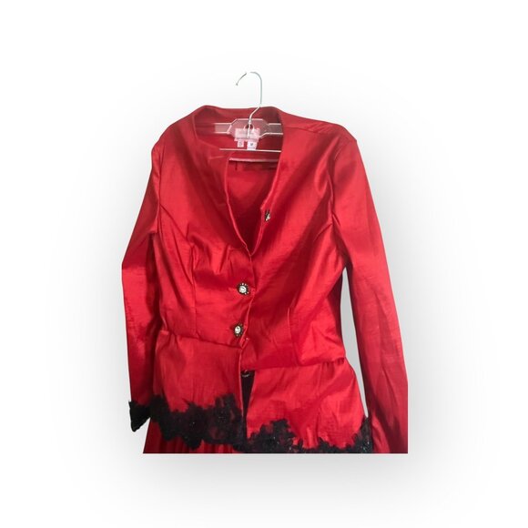 Rachel Roy Red Dress & Matching Jacket – Size 12, Black Lace Trim, Designer Set - Picture 6 of 7